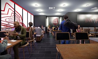 Die Visualisierung der Pizza Hut Filiale zeigt die große Fensterfront im Obergeschoss mit Blick über den Jahnplatz. - PizzaHut/popupbau