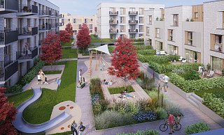 46 Wohnungen entstehen im Norden des Alanbrooke-Quartiers. Jede Wohneinheit hat einen Balkon zum Innenhof, beziehungsweise im Erdgeschoss eine Terrasse. - Stadt Paderborn