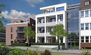 Ein gläserner Zwischenbau schafft die Verbindung zwischen der Verwaltung von Güth & Wolf (r.) und dem neuen weißen Kubus in Gütersloh. Der Rotklinker wiederum schlägt die optische Brücke zum ESG. - Büro Neugebauer / Architekt Hölscher