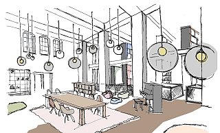 Die Skizze zeigt, wie der Alte Wartesaal nach dem Umbau aussehen könnte. Das ist das Ergebnis der bisherigen Ideensammlung. - Baulampe Architekten