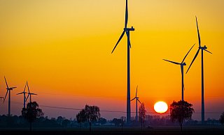 Die Sonne geht zwischen Windrädern bei Uetze (Niedersachsen) unter: Erneuerbare Energien sind laut Experten ein wichtiges Instrument gegen die aktuelle Krise. - Moritz Frankenberg