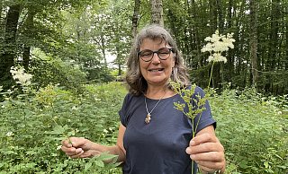 Katharina Hinze hat zwei Stängel des Arznei-Baldrians gepflückt und berichtet über die Schlaffördernde und beruhigende Wirkung des Heilkrautes. - Elke Niedringhaus-Haasper