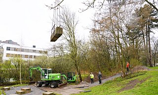 Spektakulär schwebten die tonnenschweren Einzelteile der voluminösen Skulptur „Steg“ von Reinhard Buxel im Paderauenpark ein. - Stadt Paderborn