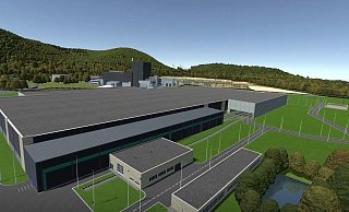 Riesige Halle Im Vordergrund ist die Stahlbetonhalle des geplanten Atommüll-Logistikzentrums zu sehen, das 16 Meter hoch werden soll. Im Hintergrund erkennt man die bestehenden Gebäude des ehemaligen Atomkraftwerks. - Visualisierung: Nusec/BGZ/ Screenshot: Manuela Puls