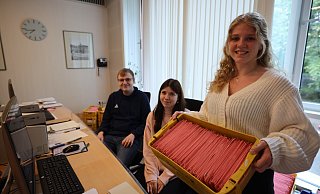Die Auszubildenden Julian Kley (v.l.), Leila Klassen und Stina Pierburg betreuen das Wahlbüro. Unter anderem sortieren sie die eingegangenen Briefwahlunterlagen nach Wahlbezirken. - Jörg Stuke