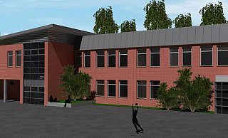 Diese Visualisierung zeigt den geplanten Anbau der Hövelhofer Realschule (l.). Er schließt sich auch optisch an den Bestand an. - Gemeinde Hövelhof