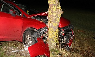 Der Seat wurde bei dem Aufprall auf den Baum stark zerstört. - Polizei