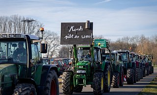 Beim Bauernprotest am 8. Januar fuhren 450 Trecker in einem Konvoi über die B1. Jetzt werden offenbar Landwirte für Straßensperren an Karneval gesucht. - Niklas Tüns
