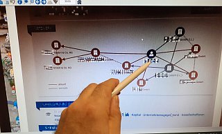 Ein Blick auf die miteinder verbundenen Unternehmen des Herfords und ihre Verbindung, wie sie im internet auf der Seite von North data zu finden sind. Die Kugelschreiber-Spitze zeigt auf die Position des Managers in dem Konstrukt. - Jobst Lüdeking