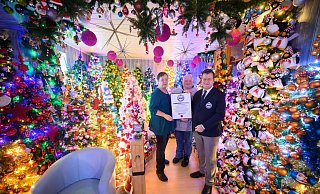 Susanne und Thomas Jeromin (v.l.) stehen mit Olaf Kuchenbecker vom Rekord-Institut für Deutschland inmitten von Weihnachtsbäumen in ihrem Haus in Rinteln. - Julian Stratenschulte/dpa