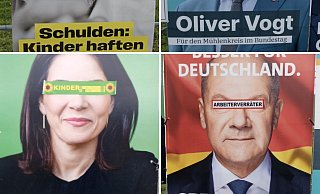 Unbekannte haben auf Wahlplakaten die Augen von Kandidaten mit Aufklebern überklebt, auf denen Parolen zu lesen sind. - Björn Babina