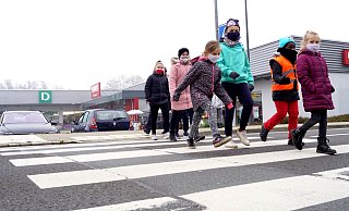 Sicher über den Zebrastreifen: Zusammen mit Verkehrssicherheitsberaterin Jennifer Landwehrmeyer üben die Grundschüler den Schulweg ein. - Niklas Krämer