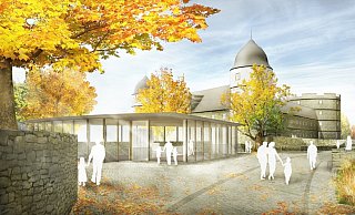 Die Erweiterung der Wewelsburg könnte unterirdisch vonstatten gehen. Der Zugang würde über einen Glasbau realisiert. Panoramafenster könnten den Blick ins Almetal freigeben. - Drees & Huesmann