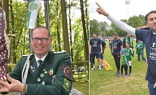 Andreas Reketat (l.), amtierender König der Stadtschützen, und Julian Hesse, Trainer des FC Gütersloh, wollen beide Mitte August ihre Events im Gütersloher Heidewald ausrichten - Jens Dünhölter