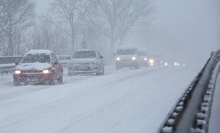 Dichtes Schneetreiben auf der L309 in der Nähe von Neustadt in Schleswig-Holstein. - Foto: Bodo Marks/dpa
