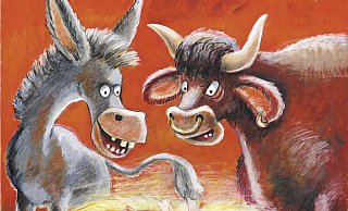 Ox und Esel sind ungehalten ob des Kindes in ihrem Essen. - Portabühne