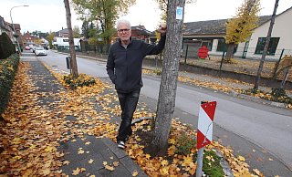 Ferdinand Lakämper fühlt sich bei der Straßenreinigung von dem Abwurf der Linden gegenüber seinem Hauses übermäßig in Anspruch genommen.  - Sabine Kubendorff