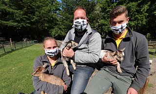 Umweltfreundlich und nachhaltig: Die Tierpfleger Svenja Busch (links) und Raphael Schäffer (rechts) mit den handgefertigten Masken des Herforder Vereins Save Nemo. Tierparkleiter Thorsten Dodt (Mitte) freut sich, über die Kooperation mit dem Verein, der die gleiche Philosophie wie der Tierpark HERFORD verfolgt. - Tierpark