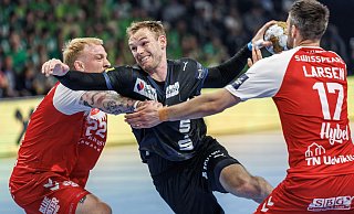 Welthandballer Mathias Gidsel war auch im Rückspiel in Aalborg bester Berliner Werfer - Andreas Gora/dpa