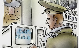 Die Stasi bei der Arbeit: So stellt sich unser Zeichner Heinrich Schwarze-Blanke die Arbeit der Auslandsspionage mit der SIRA-Datenbank vor. - HSB Cartoon