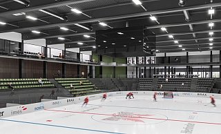Blick ins Innere: Auf dieser Eisfläche, die umsäumt ist von Tribünen, werden die Herforder "Ice Dragons" bald ihre Spiele austragen. Oben links befinden sich die Logen, mittig Fitnessräume. - Visualisierung: Jahn Group