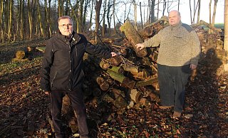 Henryk Rosenbaum (l.) und Ortsbürgermeister Heinz-Jürgen Schmitt sorgen sich um ihr Maifest-Holz. - Burkhard Battran