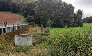 Dammkrone und Überlauf des Rückhaltebeckens Hörler Bach bei Welda. Der Damm berge bei Starkregenereignissen ein hohes Risiko, sagen Fachleute. - Dieter Scholz