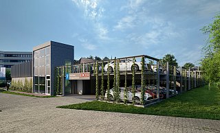 Blick vom untersten Bereich des Parkdecks in Richtung Bethel-Hauptverwaltung und Königsweg. So soll die neue Anlage einmal aussehen. - Bethel