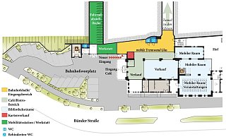 Mit Bistro, Radstation, mehr Parkplätzen und Bibliothek: So könnte das Bahnhofsgebäude in Zukunft aussehen. - Quelle/Plan: Architekten Bökamp, NW-Grafik: Schultheiß
