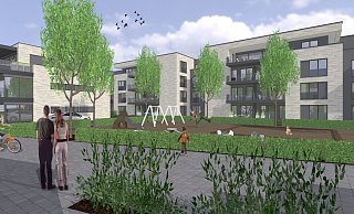 So stellt sich die Bebauung aus der Sicht eines Fußgängers dar. Die Schallschutzbebauung befindet sich im Hintergrund. Alle Wohnungen sind nach Süden in Richtung des Betrachters ausgerichtet. - Architekturbüro Wischke Send