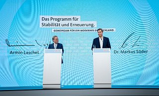 CDU-Chef Armin Laschet und CSU-Chef Markus Söder stellen das Programm für die Bundestagswahl vor. - Foto: Kay Nietfeld/dpa