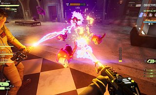 Bloß nicht die Strahlen kreuzen: Es geht dem pinken Geist an den Kragen, und zwar zusammen. «Ghostbusters: Spirits Unleashed» ist als asymmetrisches Multiplayer-Game ausgelegt. - Illfonic/dpa-tmn