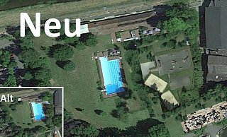Heinz-Georg Beneke schlägt vor, ein kleineres, 25 Meter langes Becken zu bauen und und die Skateranlage sowie zwei Beach-Volleyballfelder (im großen Bild rechts) ins Freibad zu integrieren.  Zum Steinmeisterpark hin soll eine Strandbar entstehen (rechts unten). Links: Im kleinen Bild der aktuelle Stand. - NW