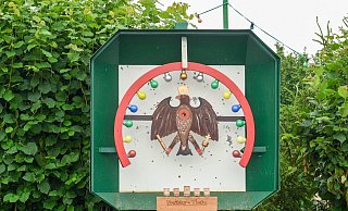 Außergewöhnlich: Beim Vogelschießen in Hakenberg hängt der Vogel im Kugelfang an Fäden, die an 15 Glühbirnen befestigt sind. - Michael Kalus