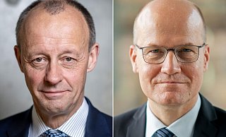 Ralph Brinkhaus (r) verzichtet zugunsten des neuen CDU-Vorsitzenden Friedrich Merz auf eine erneute Kandidatur für den Fraktionsvorsitz. - Foto: Michael Kappeler/Kay Nietfeld/dpa