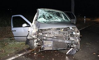 Der Volkswagen prallte frontal gegen einen Baum an der Straße. - Polizei Minden-Lübbecke