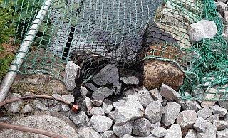 Auf den Steinen am Rand der Teiche sind überall schwarze Flecken vom Öl zu sehen. - Strathmann