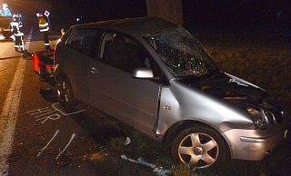 Der Polo prallte mit der Fahrerseite gegen den Baum und kam entgegen der eigentlichen Fahrtrichtung zum Stehen. - Polizei Minden-Lübbecke