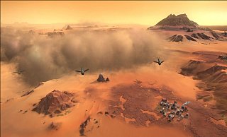 Ein Sandsturm nähert sich. Da kann die Spice-Produktion schonmal drunter leiden. Also schnell alle beweglichen Einheiten aus dem Weg schaffen. - Shiro Games/Funcom/dpa-tmn
