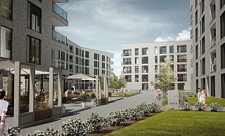 Vision oder bald Realität? Die Ansicht zeigt einen Blick von der Bismarckstraße aus in das autofreie Quartier mit Café und Spielplatz am Quartiersplatz. - Büro GJL