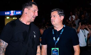 Würden sich über einen Handball-Standort München freuen: Füchse-Sportvorstand Stefan Kretzschmar (l) und Dyn-Gründer Christian Seifert. - Marco Wolf/dpa