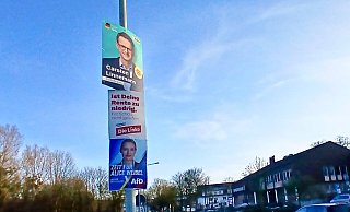 Wahlplakate sollen am Straßenrand Aufmerksamkeit erzeugen. In Borchen ist zwischen Rathaus und Lidl jede Straßenlaterne von Parteien bedacht worden. - Uwe Müller
