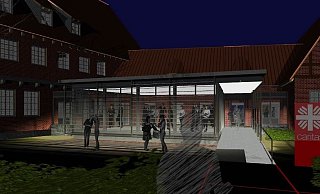 Der gläserne Multifunktionsraum macht das Haus des Bauern offener und luftiger, soll der Architektur der 1930er Jahre eine Willkommensqualität geben. - Architekturbüro Hurlbrink