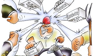 Bereiten Bauwilligen Kopfschmerzen: Einwürfe von Gegnern bei neuen Wohnungsbauprojekten. - HSB-Cartoon