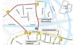 Der nächste Bauabschnitt hat zwei neue Umleitungen zur Folge. Von der Marienstraße ist ein direktes Abbiegen auf die Nordbrücke in nächster Zeit nicht möglich. Karte: MT
