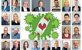 Der Löhner Krisenstab besteht aus (v. l.) Andrea Linnemann, Andreas Holdmann, Beatrix Becker, Bernd Poggemöller, Christian Rabe, Christiane Bar, Christine Harodt, Dennis Flottmann, Genevieve Sasse, Klaus-Jürgen Budde, Matthias Döding, Matthias Kreft, Michael Wellsandt, Nicole Schröder, Paul Urban, Peter Köhn, Ralf Krause, Sarah Suchalla, Stefan Göding, Ulrich Niemeyer, Ursula Nolting, Olaf Bokämper und Jürgen Förster. - Stadt Löhne/Felix Eisele