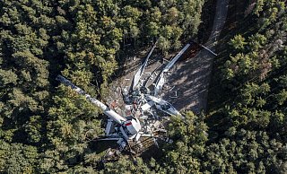 Nach dem Zusammenbruch liegen die Reste der Windenergieanlage in einem Wald in Haltern am See. Das Windrad war erst ein halbes Jahr alt. - picture alliance/dpa/Christoph Reichwein