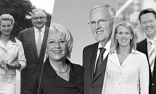 Die Harting Technologiegruppe ist nach wie vor ein Familienunternehmen. Links ist Unternehmensgründer Wilhelm Harting mit seiner Frau Marie zu sehen. Sie leitete nach dem frühen Tod ihres Mannes die Firma von 1962 bis 1967 alleine. 1969 kam ihr Sohn Dietmar (Mitte) dazu. Von März 1987 bis Oktober 2015 standen Margrit und Dietmar Harting an der Spitze. Den Stab übernahm Sohn Philip, seine Schwester Maresa Harting-Hertz ist stellvertretende Vorstandsvorsitzende. Sie arbeiten eng mit ihren Eltern zusammen. - Harting