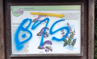 Mit solchen und noch absurderen Schmierereien haben die Täter zahlreiche Infotafeln im Tierpark Olderdissen verschandelt. Verräterisch dürfte die gelbe und blaue Farbe an den Händen der Schmierer sein. - Herbert Linnemann