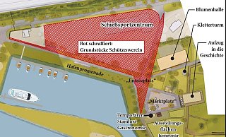 Rot schraffiert hat Christian Sauer das Areal des Vereins inmitten der Landesgartenschauplanung. - Grafik: Schultheiss/NW